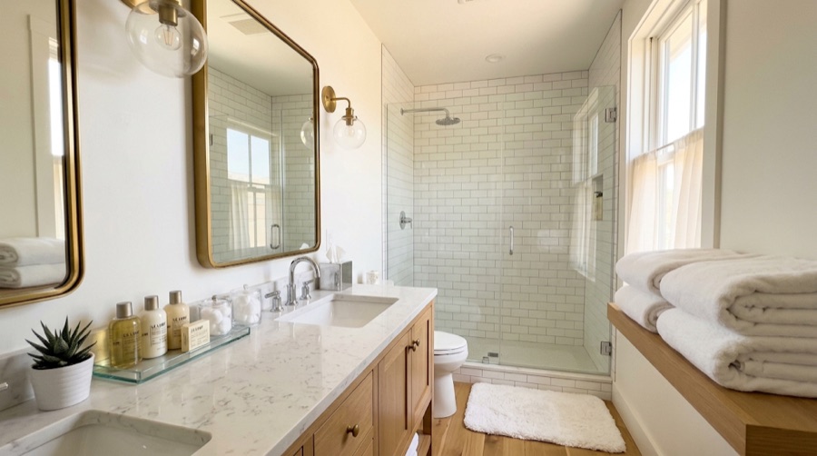 The same bathroom from the same spot after: towels folded, the counter clear, the mat and the glass clean.