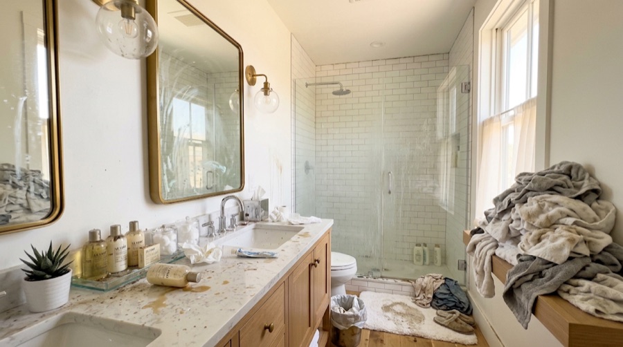 The bathroom before: towels heaped on the bench, the counter spilled and littered, the bath mat stained, the shower glass marked.