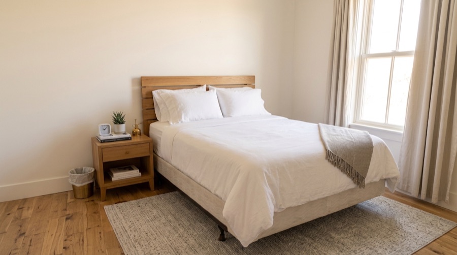 The same bedroom after: the bed made with fresh white linen, the floor clear, the nightstand tidied.